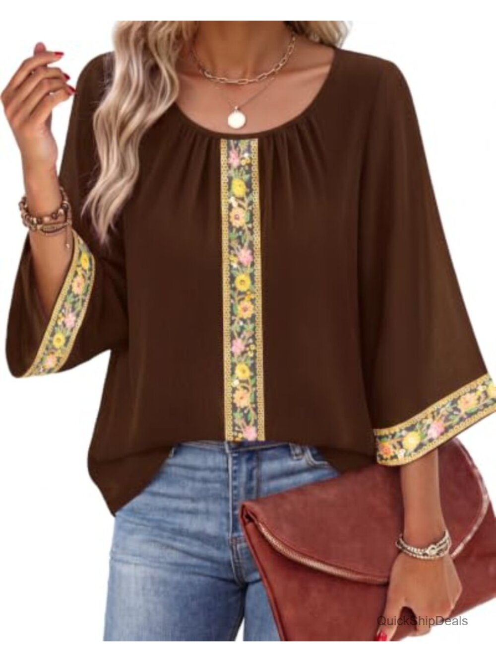 Womens Embroidered 3/4 Bell Sleeve Peasant Chiffon Blouse